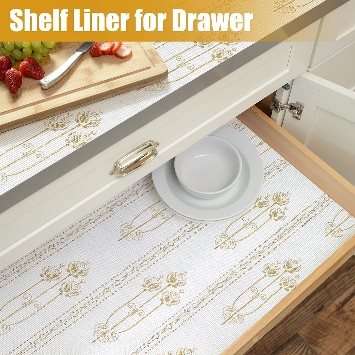 Drawer and Shelf Liner for Kitchen Cabinets Non-Adhesive Drawer Liners Floral Shelf Liners for Kitchen Non-Slip Cabinet Liner Strong Grip Waterproof Liners Easy to Clean 12IN × 16.4FT