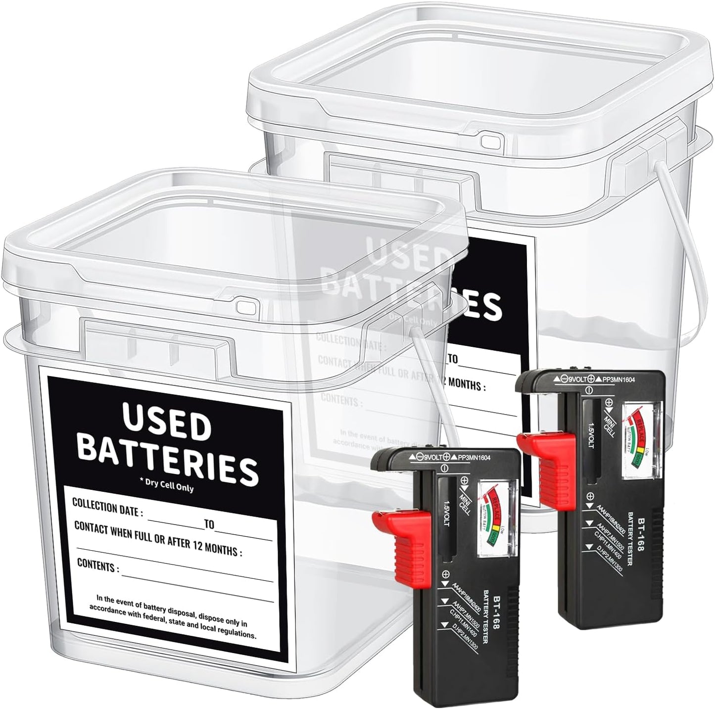 2 Pcs Battery Recycling Container with Battery Testers for Household Batteries, Used Battery Disposal Container with lid for Home Use, Office, Garage, Schools (1.32 Gallon)