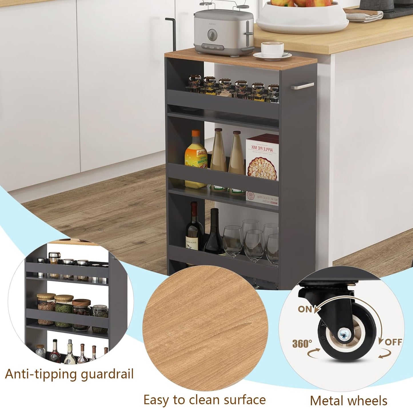 POWERSTONE 4-Tier Slim Storage Cart, Narrow Kitchen Rolling Cart w/Handle & Open Shelves, Skinny Slide Out Utility Organizer Trolley for Kitchen Bathroom Laundry Small Spaces Grey & Natural
