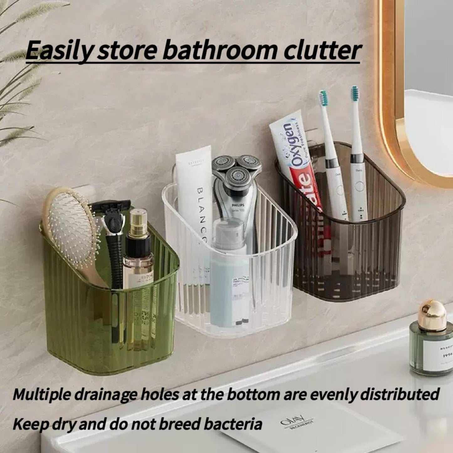 6Pack Wall Mount Organizer, Adhesive Cabinet Door Storage Bins, Clear Makeup Containers, Stackable Organizer Basket for Kitchen, Bathroom, Cabinet, Pantry, Office，Refrigerator Small Items storage