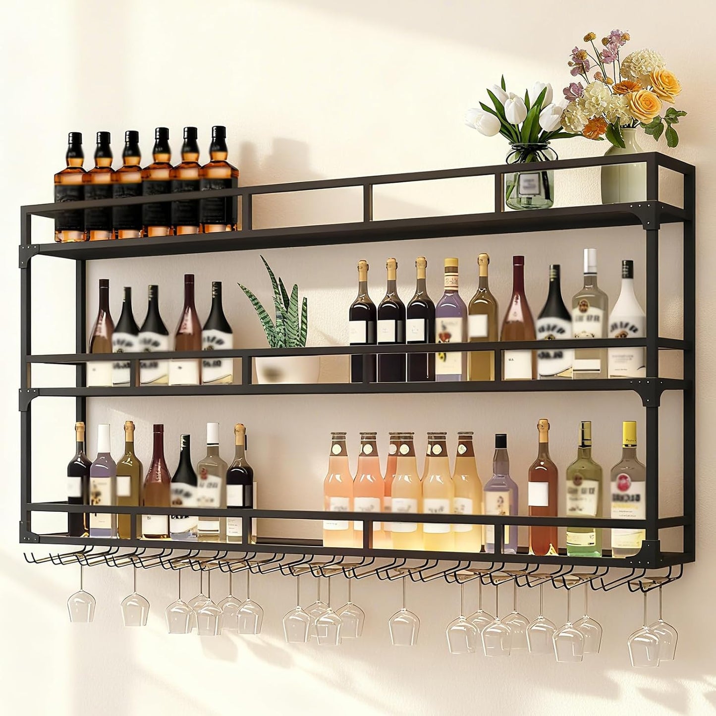 Wall Mounted Wine Rack, Wine Rack Wall Mounted with Wine Glass Rack, Metal Bar Bottle Display Shelf Wine Cups Hanging Holder, for Home Bar Cafe Dining Room Decoration (BLACK, 59*10*35.5IN)