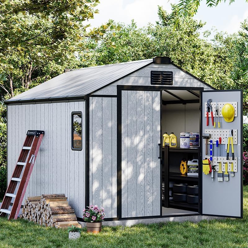 8 x 10 FT Resin Outdoor Storage Shed, All-Weather Plastic Tool Shed with Floor, Lockable Doors & Windows, Plastic Garden Shed for Poolside, Backyard, Patio, Bike