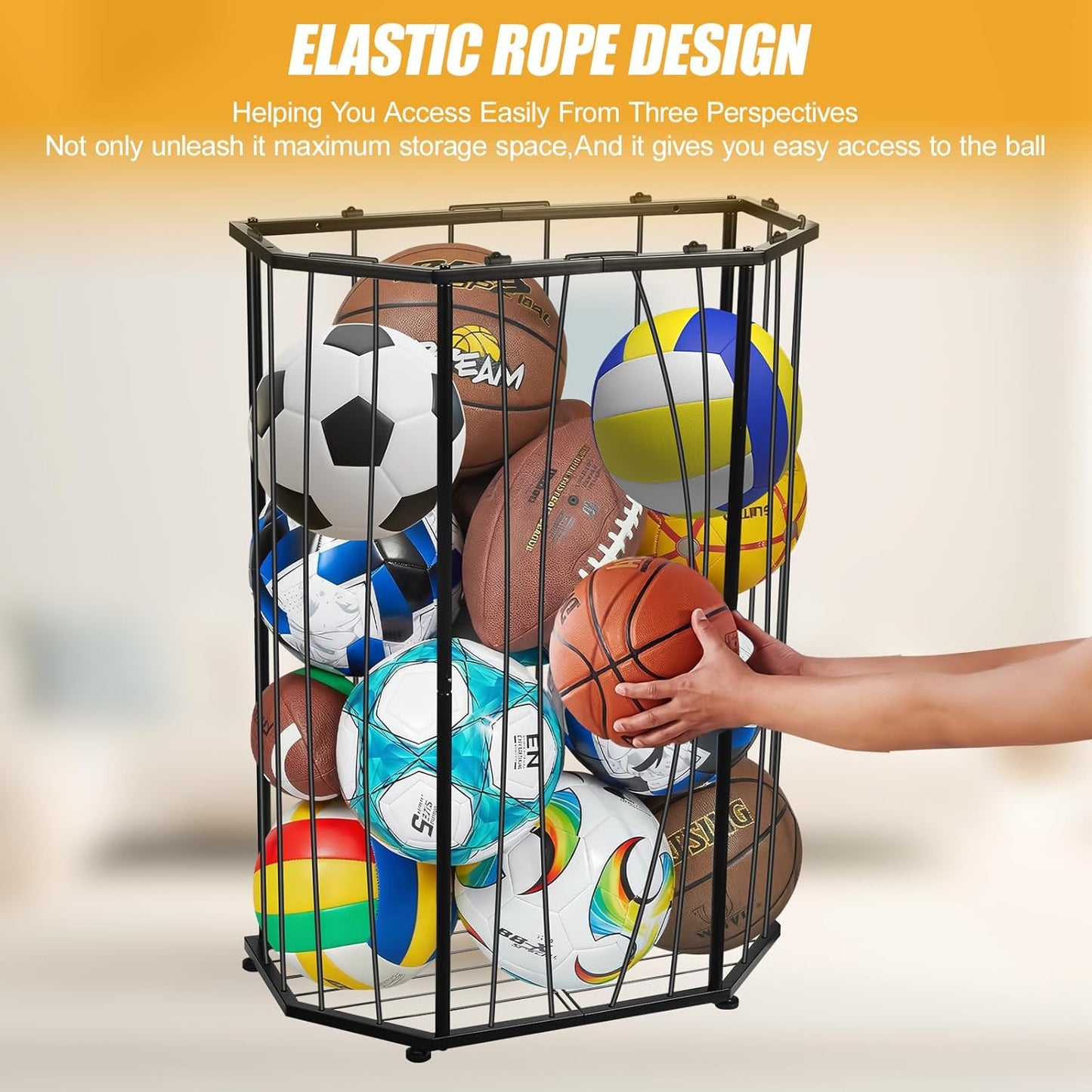 Garage Ball Storage Holder,Elastic Cord Design Can Floor-Standing & Wall-Mounted Use,Used for Basketball,Footbal,Volleyball,Rugby,Home or Outdoors Sports Equipment Storage Ball Rack。(Black)