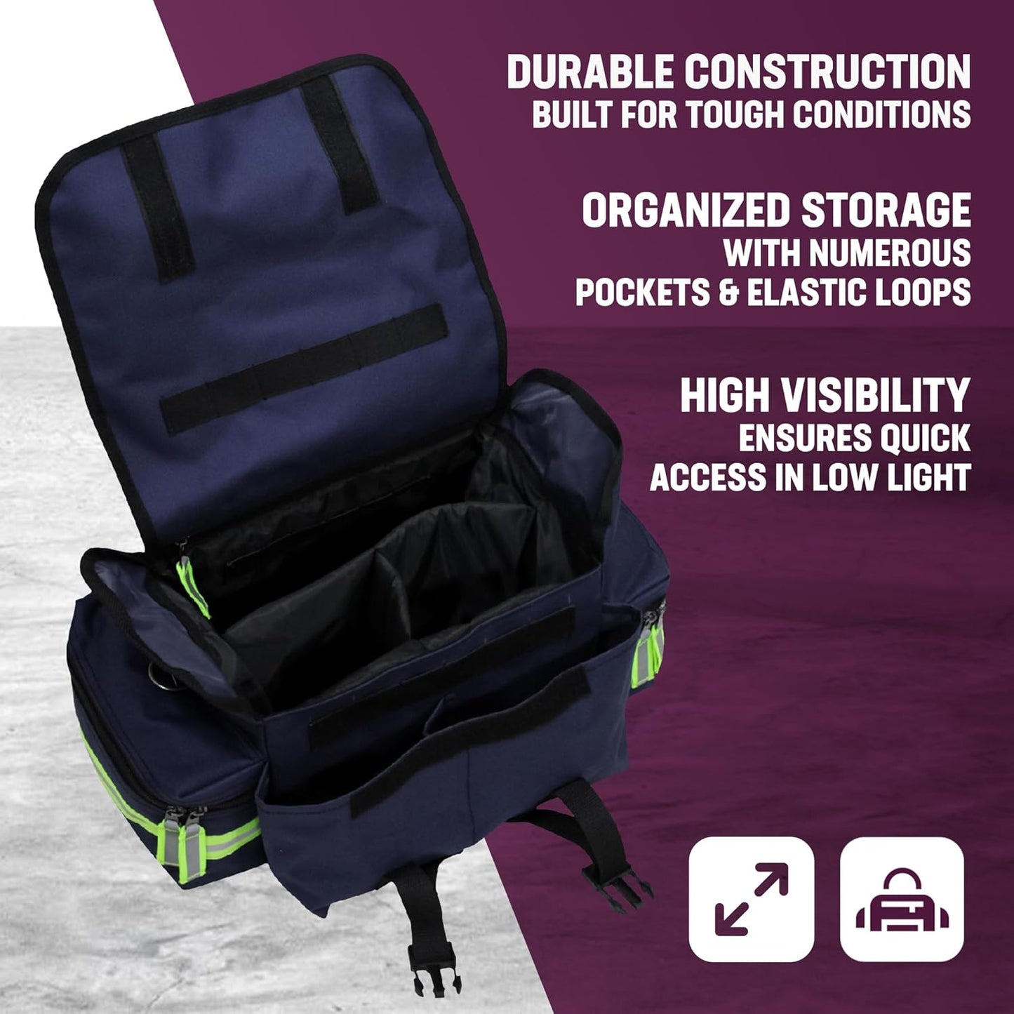 Kemp USA EMT First Responder Trauma Bag, Navy Blue, First Aid & Survival Gear with High-Visibility Reflectors, Rapid Medical Response & Emergency Tools Organizer