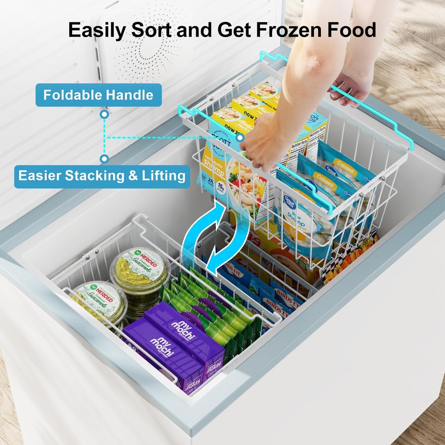 iSPECLE Chest Freezer Organizer Bins - Fit 5 to 9 Cu.FT, 6 Pack Large Adjustable Freezer Organizer Bins for Deep Freezer, Easy Access & Stackable Chest Freezer Organizer Hold More Food, White