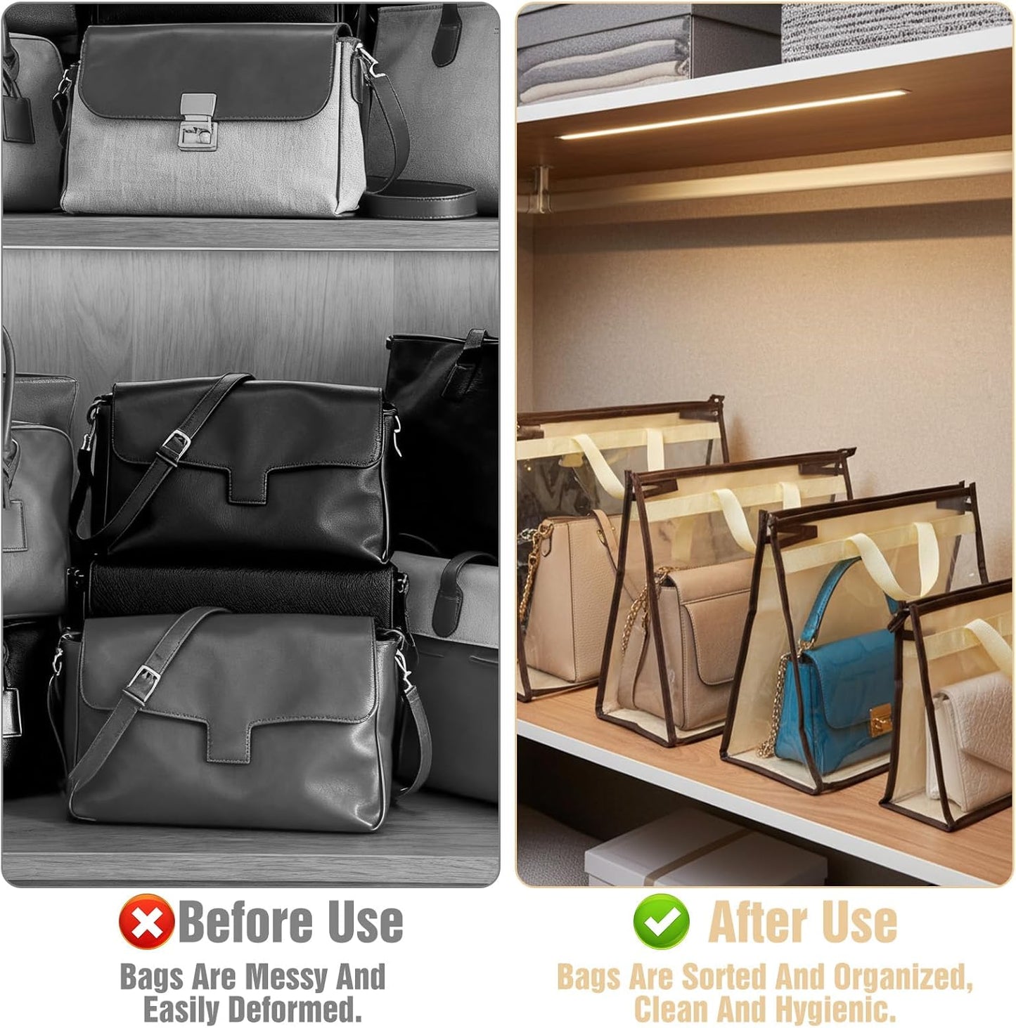 12 Pack Beige Handbag Purse Storage Organizer for Closet, 4 Sizes Clear Hanging Dust Bags Cover with Zipper and Handle, Closet Purse Protector Bags