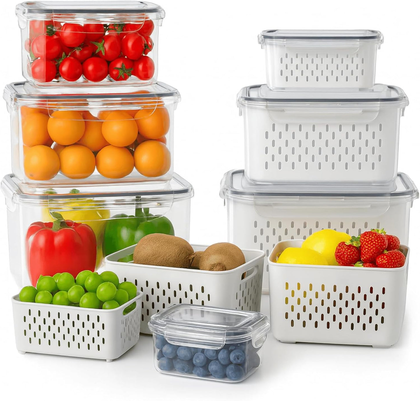 3 Pack Airtight Food Storage Containers with Lids – Refrigerator Organizer Bins with Removable Drain Basket, BPA-Free Fridge Produce Saver for Fruits & Vegetables, Stackable Kitchen Storage Boxes