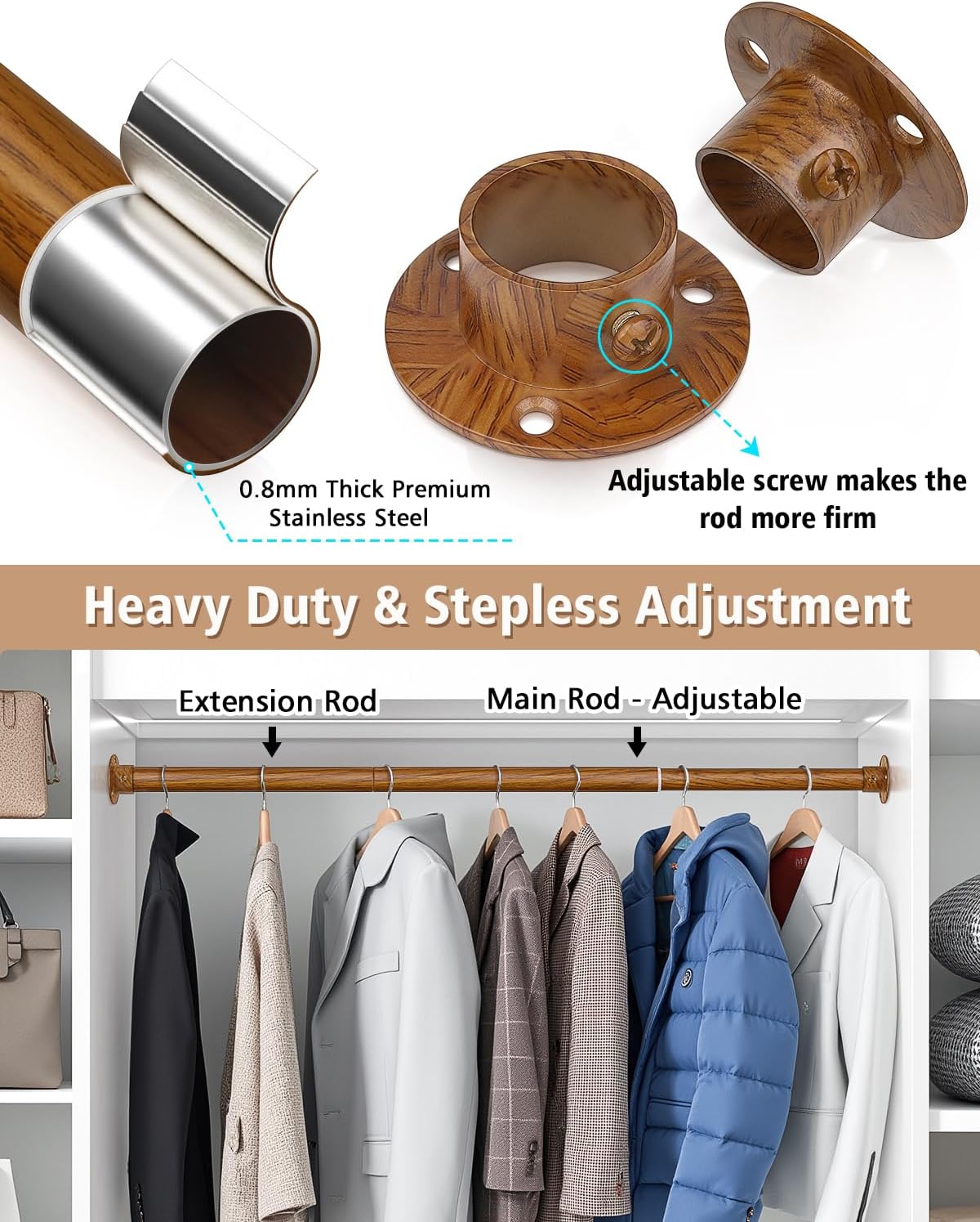 Closet Rods for Hanging Clothes, 17-64 Inch Heavy Duty and Stepless Adjustable Closet Poles, Stainless Steel Closet Hanging Rod for Wardrobes, Laundry Room, Bathroom, RV (Wood-Grain Finish)