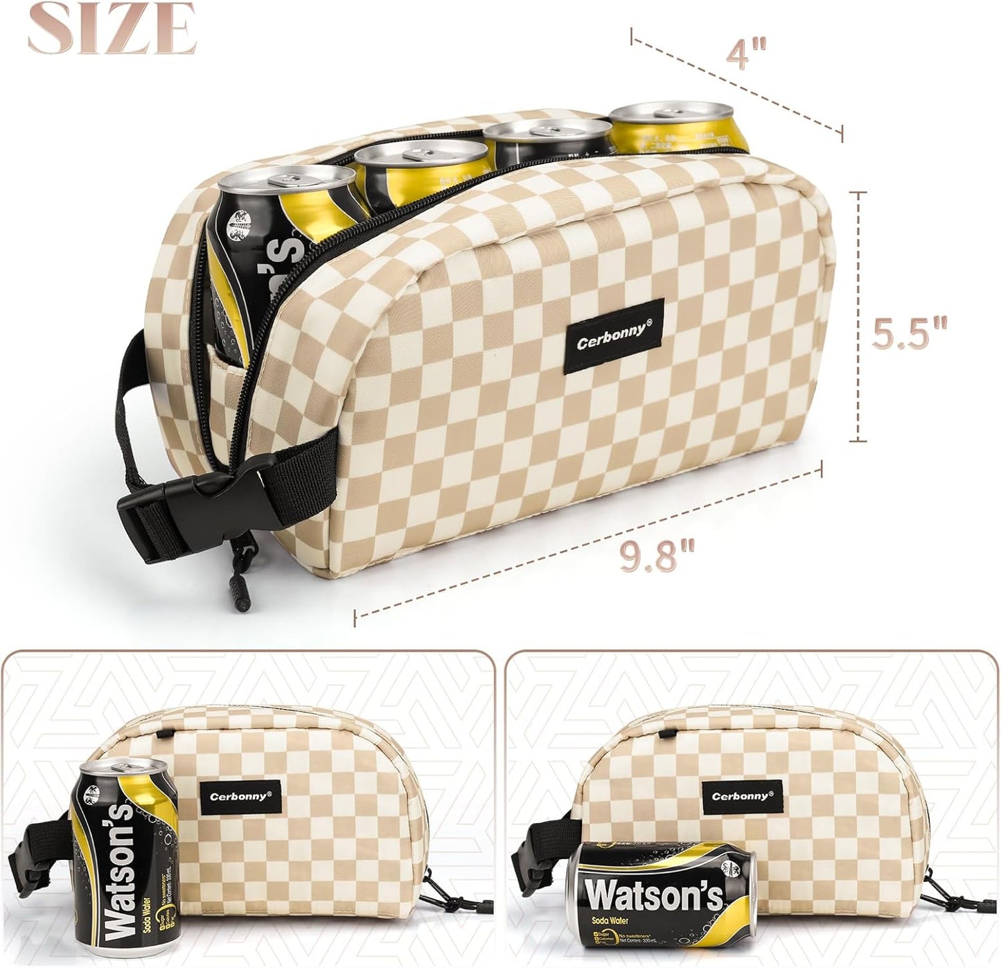 Cerbonny Small Cooler Bag Freezable Lunch Bag for Work School Travel, Leak-proof, Insulated, Khaki Checkerboard, 3.5L, 9.8x5.5x4 inch
