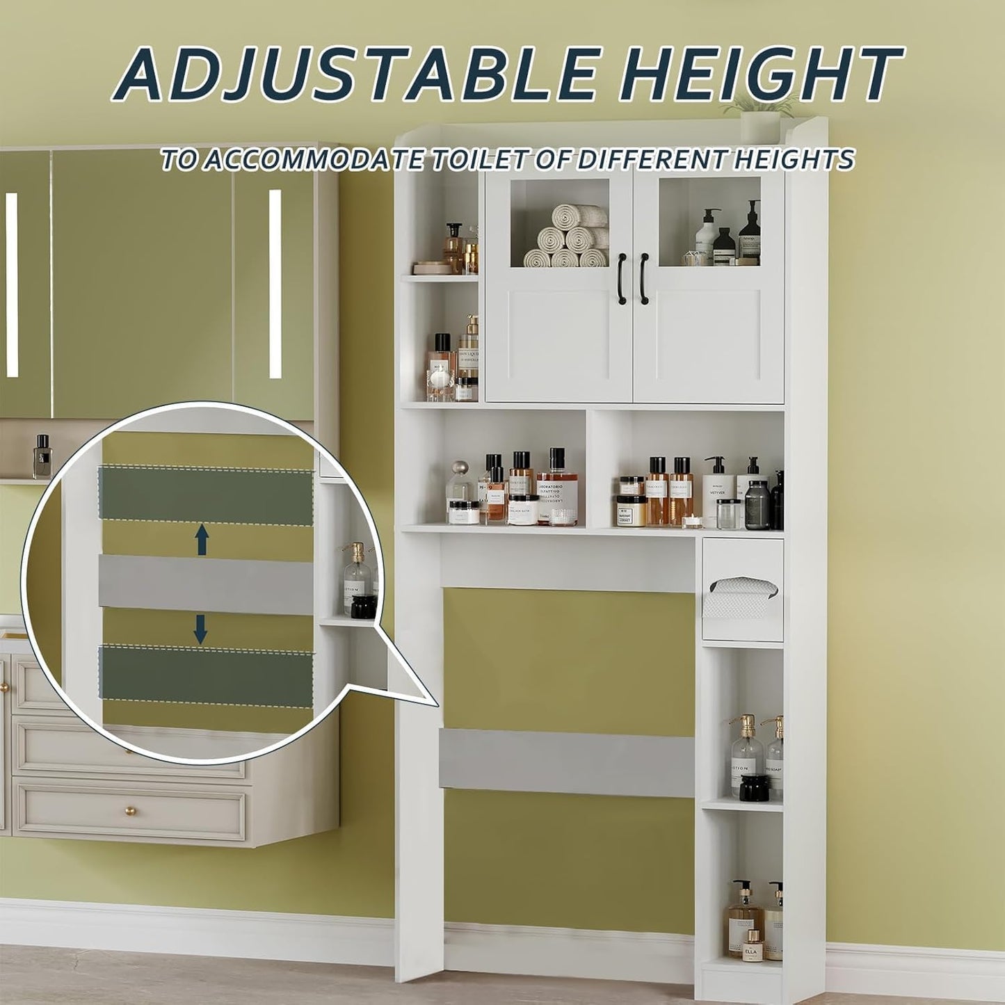 Over Toilet Storage Cabinet, 67 Inch Wall Mounted Tall Cabinet, Freestanding Bathroom Organizer Shelf for Bathroom, Restroom, Laundry, White