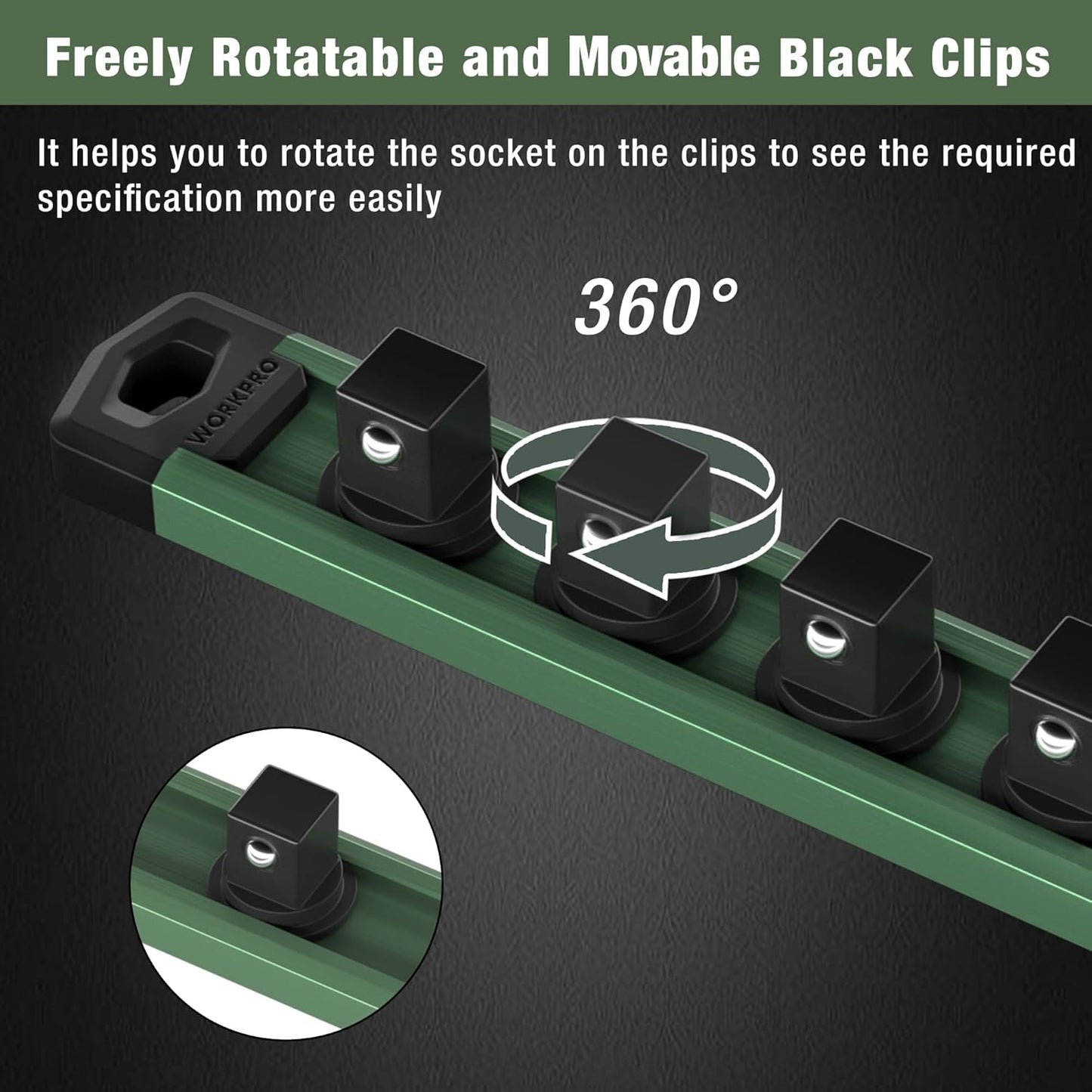 WORKPRO Magnetic Socket Organizer, 1/2-Inch Drive Aluminum Alloy Socket Rail, Heavy Duty Socket Holder, Socket Rack Kit 1/2-Inch x 10 Clips Green (Socket not Included)