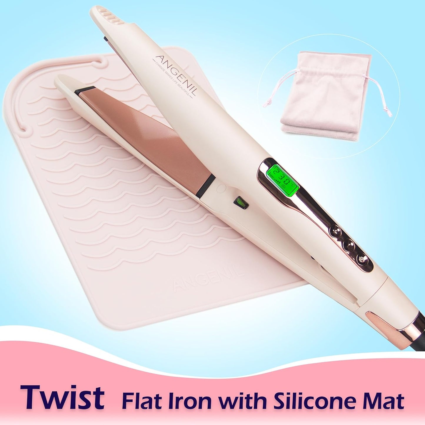ANGENIL Pro Twist Flat Iron Hair Straightener, 2 in 1 Straightener and Curling Iron for Women, Round Pink Dual Voltage Hair Straightener with Silicone Heat Resistant Mat, 30s Fast Heating, LCD Display