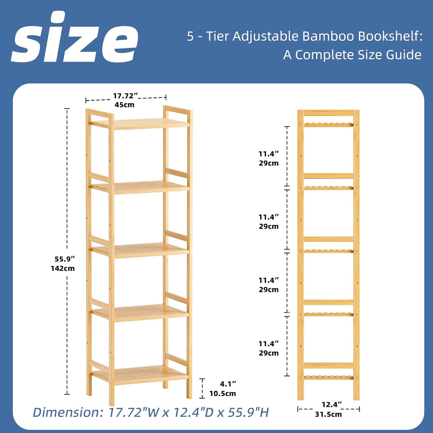 HITNET Tall Narrow Bookshelf, 5 Tier Bathroom Shelf Bamboo, Floor Standing Display Storage Organizer for Small Space, Adjustable Shelves, Natural Wood Bookcase