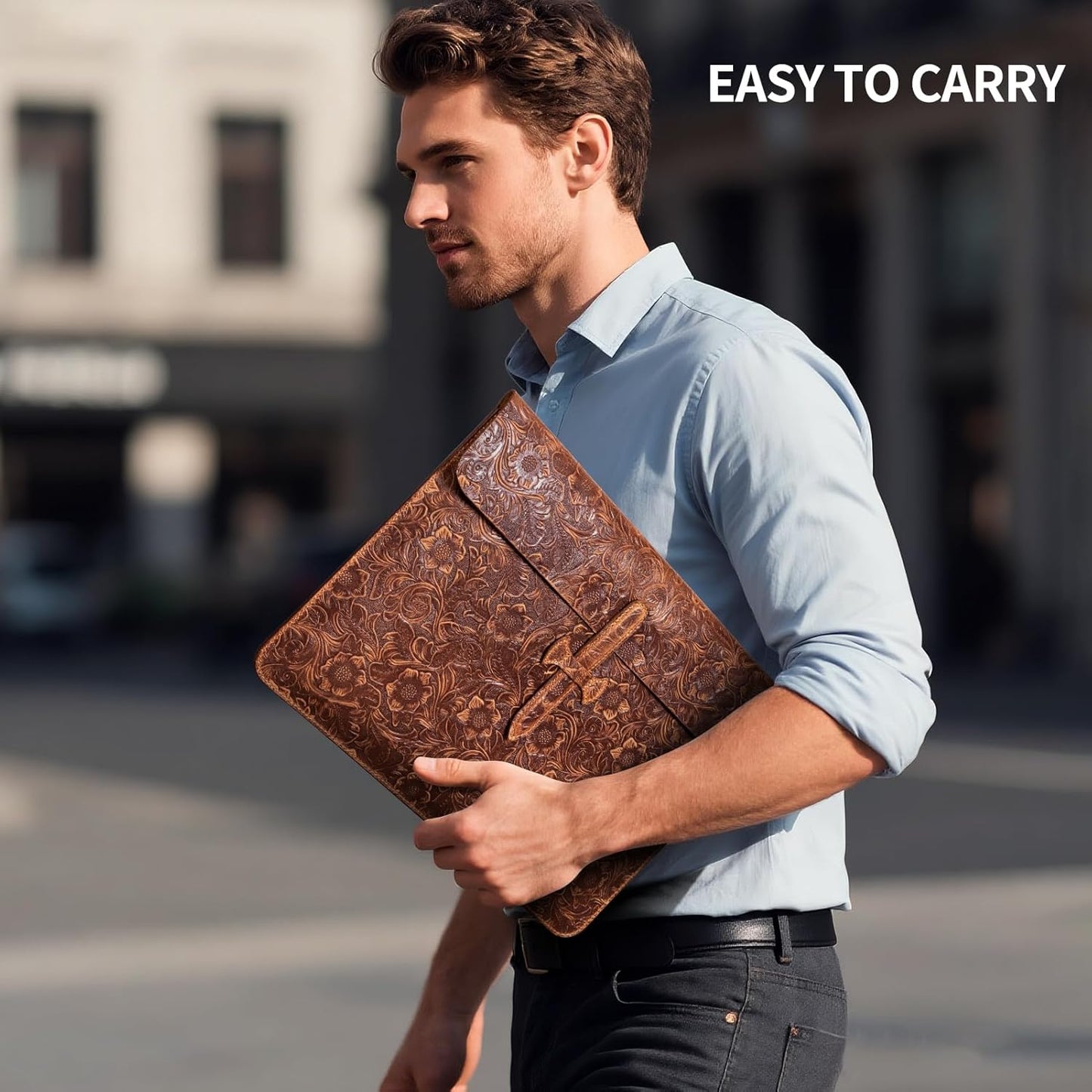Genuine Leather Laptop Sleeve,Compatible with MacBook Pro 14 Inch M4 M3 M2 M1 Pro/Max Cover,Vintage Protective Computer Case with Floral Pattern,Buckle Brown