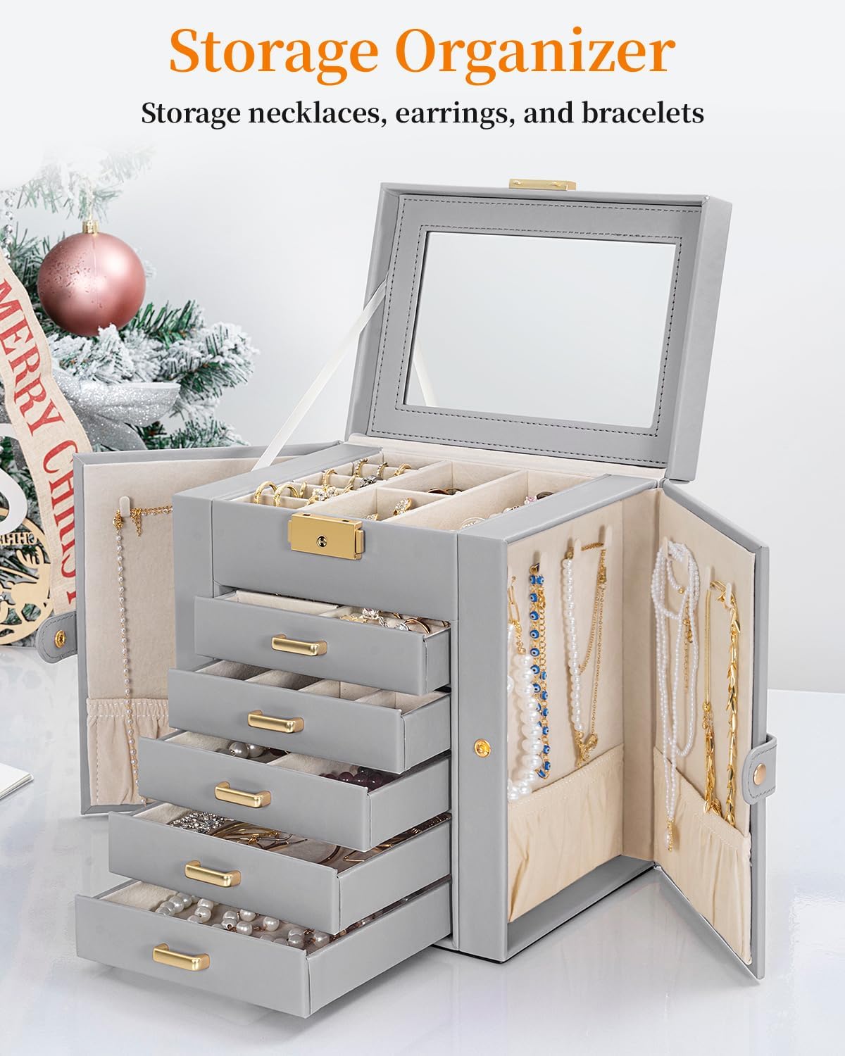 TORIBIO Large Jewelry Box for Women, Leather Jewelry Organizer with Mirror & Lock, 6-Tier Jewelry Storage Case for Girls/Women/Mothers, Necklace Earring Bracelets Holder Organizer
