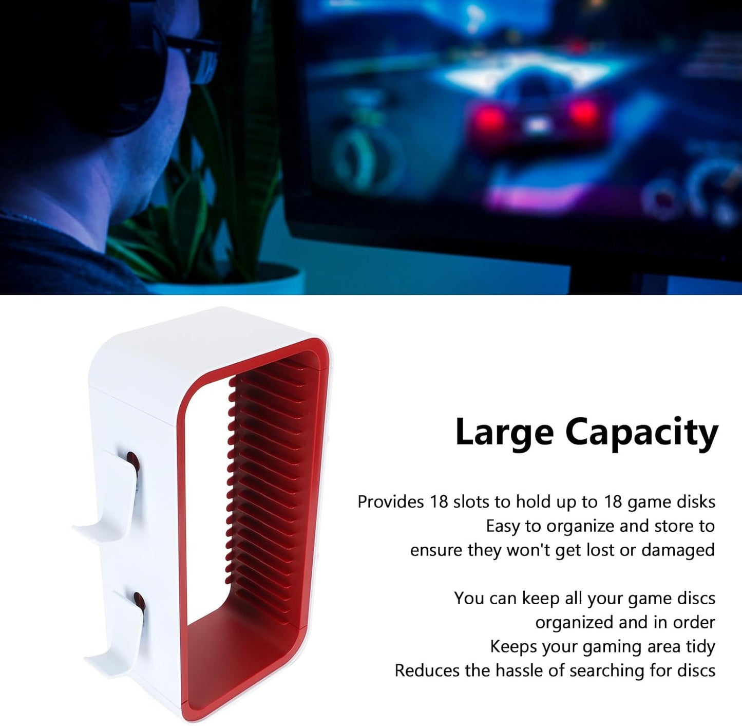 Zopsc Video Game Storage Tower Rack Compatible with PS/X, 18 Slots Universal Discs Organizers with Hooks, Controller Headset Holder