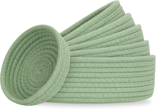 Small Shelf Storage Baskets for Organizing, 6 Pack Round Cotton Rope Bins, Decorative and Cute Woven Baskets for Bedroom and Closet, Key Tray Bowl, Home Decor Countertop Organizer (Green)