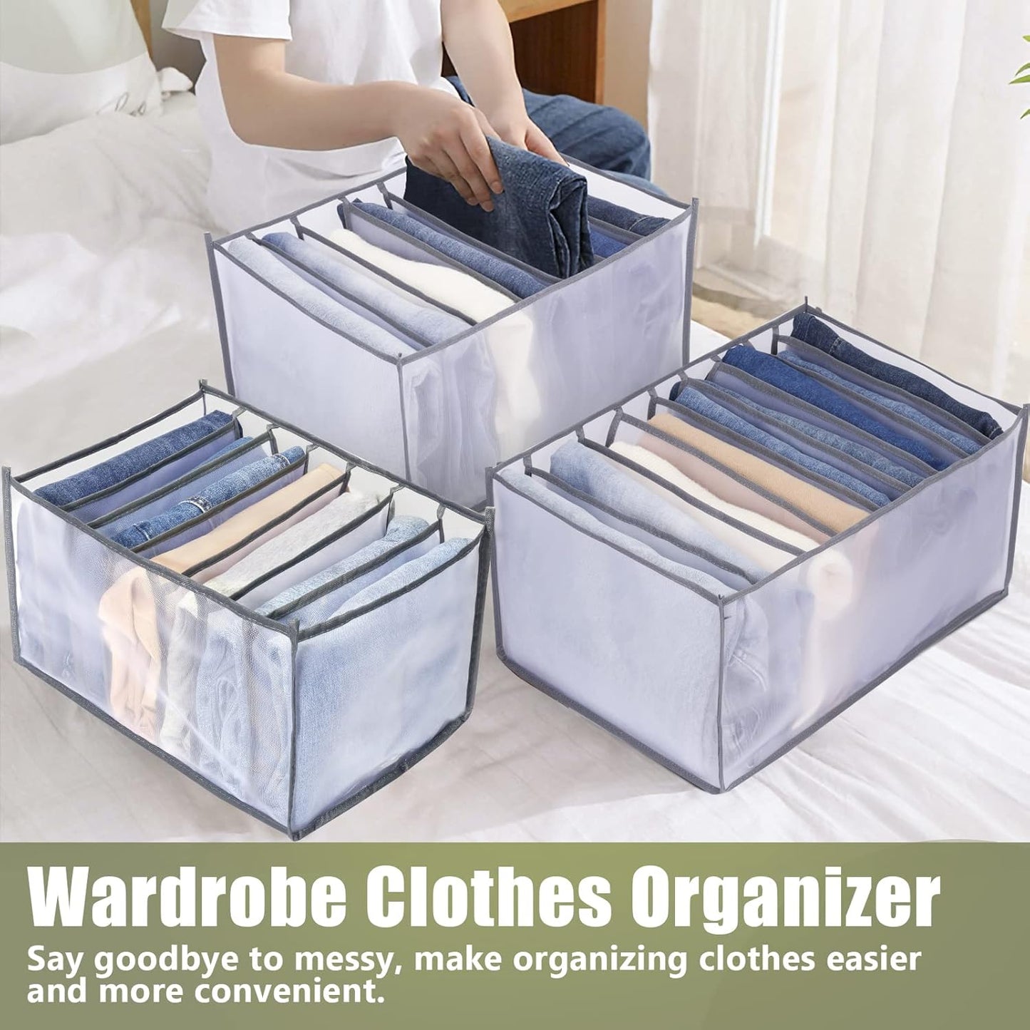 TOOVREN Wardrobe Clothes Organizer, 7 Grids, Drawer Organizers for Clothing, Foldable Closet and Storage Basket, Clothes Compartment Box, Bedroom Dorm Room, 4PCS, Gray