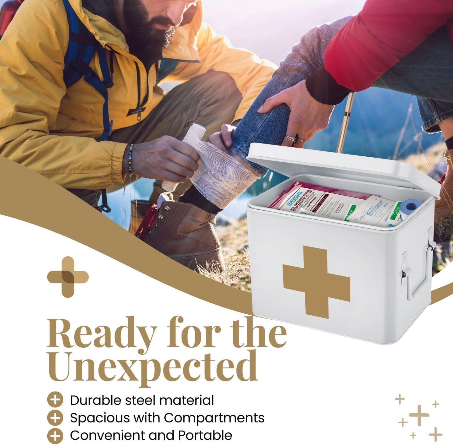 Flexzion First Aid Medicine Box Supplies Kit Organizer - Empty 8" White Metal Tin Medic Storage Bin Hard Case with Removable Tray Black Cross, Vintage Antique Boxes for Home Family Emergency Tool Set