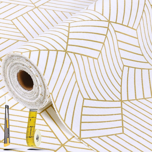 Shelf Liners for Kitchen Cabinets 23.6 in x 30 FT, Non Adhesive Cabinet Liner Strong Non-Slip Thickened Gold Geometric Drawer Liner, Easy to Clean for Shelf