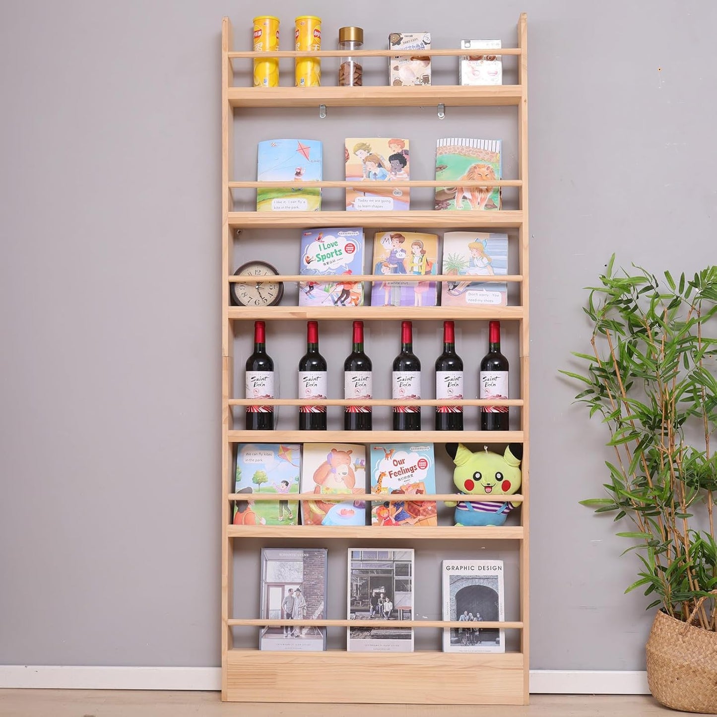 Wooden Kids Bookshelf, Wall Mount 6-Tier Behind The Door Shelf, Organizer for Toys and Books, Space-Saving Wall Mount Narrow Book Shelf