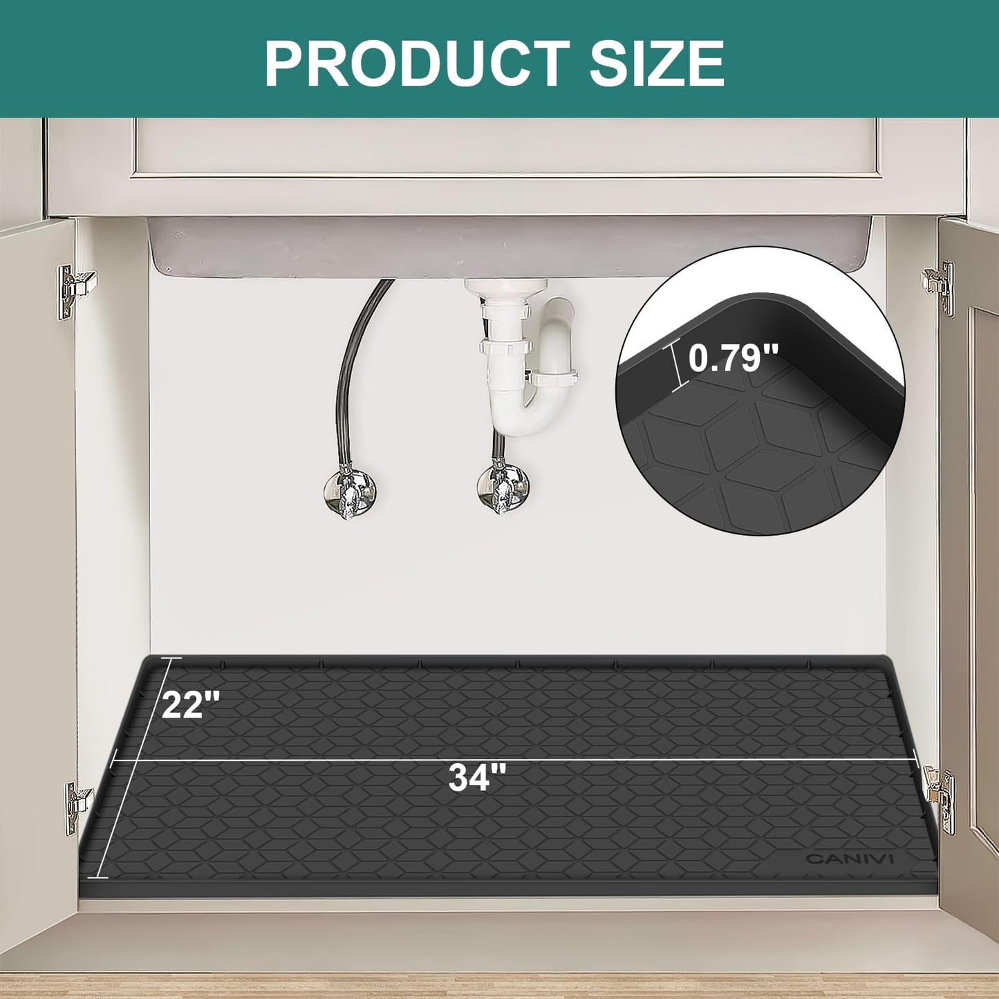 Under Sink Mat, 34" x 22" Waterproof Silicone Under Sink Tray for Kitchen & Laundry Cabinets, Kitchen Cabinet Shelf Protector, Up to 3.3 Gallons Liquid, Fits 36 inch Standard Cabinet(Grey)