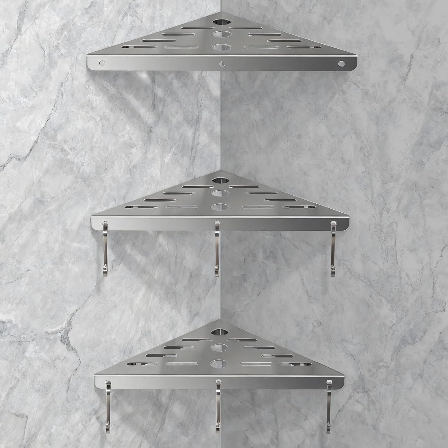 Shower Corner Shelf 304 Stainless Steel Shower Caddy 3 Tier Shower Organizer Niche Extra 6 Hangers Shelves 40 lbs Large Capacity Bathroom Storage for Inside Anti-Rust Drilling Installation(Silver)
