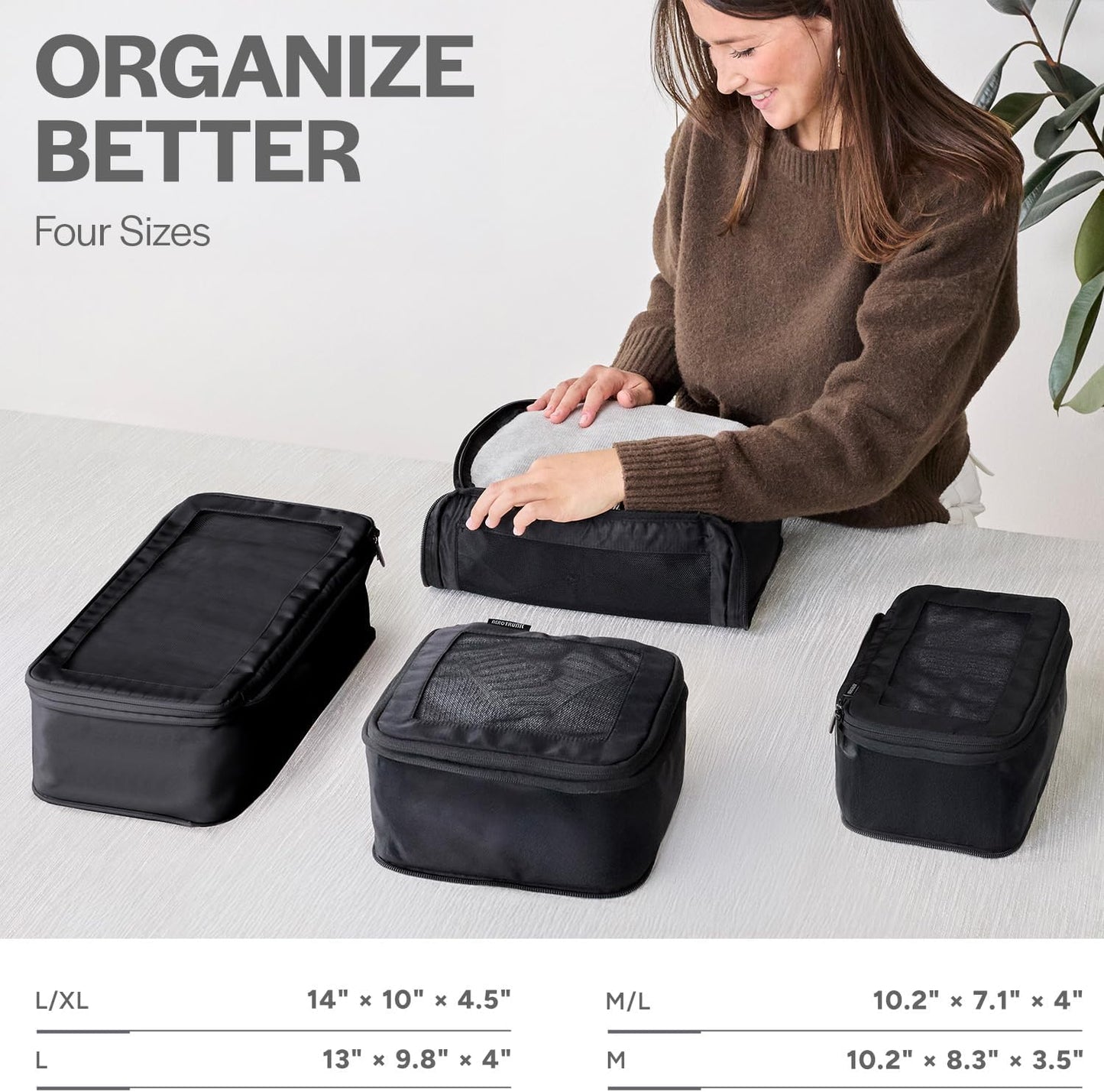 Aerotrunk Compression Packing Cubes for Travel - Luggage Organizer Bags - Double Zipper Packing Cubes for Suitcases (4-Pack, Black)