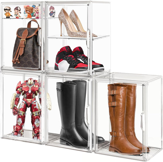 2 Pcs Shoe Display Case, XX-Large Tall Boot Storage Box Transparent Handbag Organizer for Closet Acrylic Shoe Box Clear Plastic Stackable Sneaker Collectibles Case with Detachable Divider