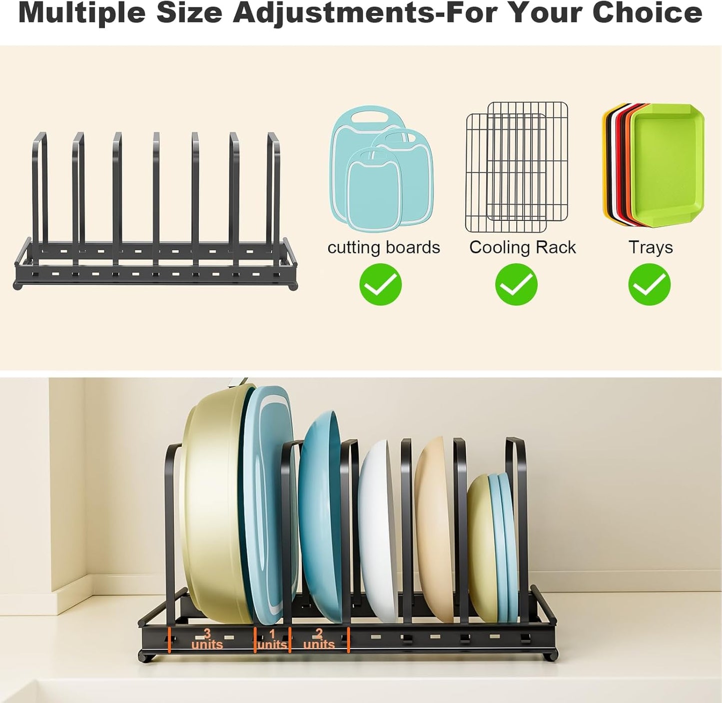 Cutting Board Organizer Rack, 1-Pack Adjustable Bakeware Organizer Holder for Cabinet Countertop, 7 Slots Metal Rack Cookie Baking Sheet, Pot Pan Lids Divider Kitchen Organization Storage, Black
