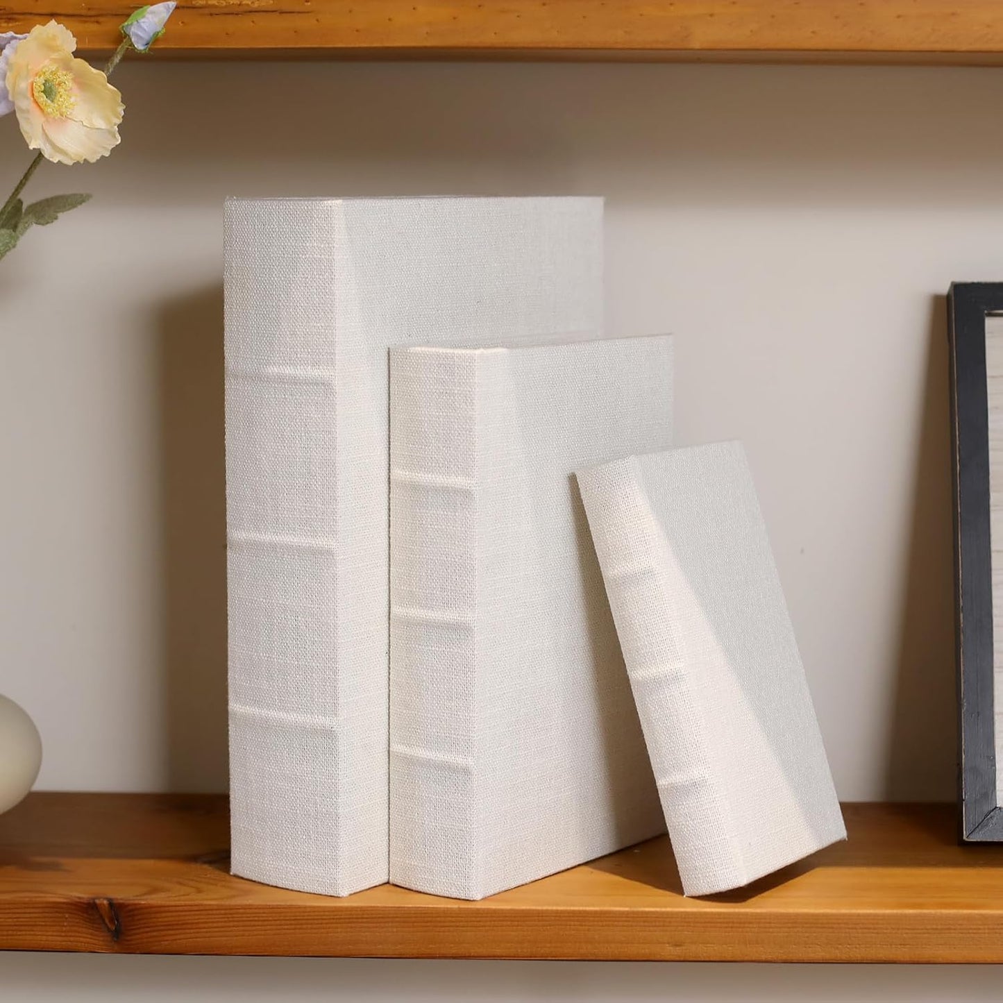 Modern Linen and Wood Decorative Faux Book Boxes Set of 3-13",10",8" - White