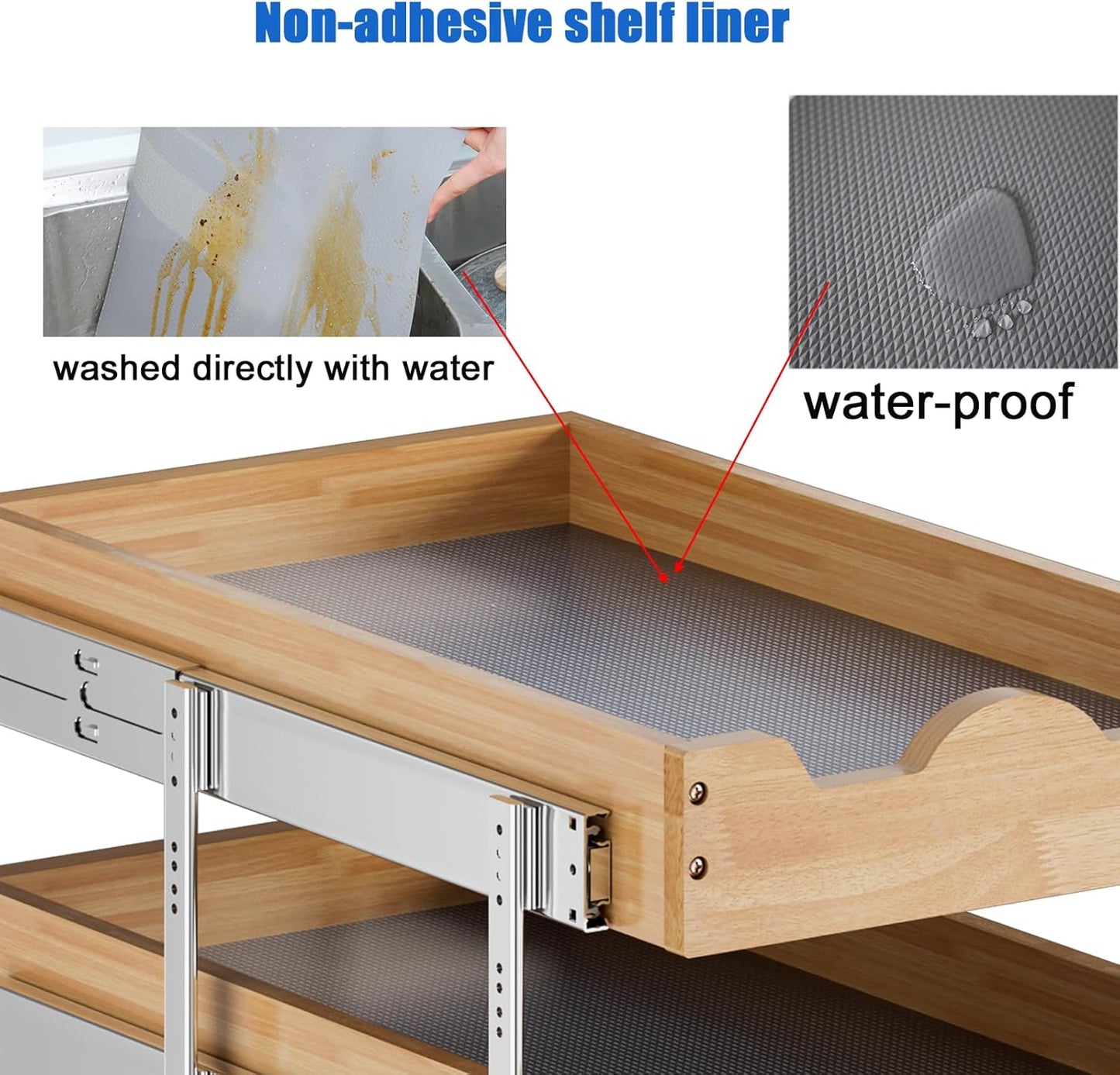 DINDON 3 Tier Pull Out Cabinet Organizer 14”W X21”D Slide Out Shelves With Shelf Liner for Kitchen Wood Roll Out Drawers Pantry Organization