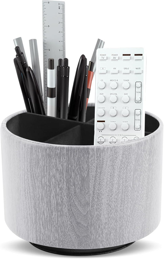 Round Leather Art Supply Organizer,Remote Control Holder,360 Degree Spinning,Multi-Functional Pencil Holder,4 Compartments Desktop Stationary Organizer(1-Thin Wood Grey)