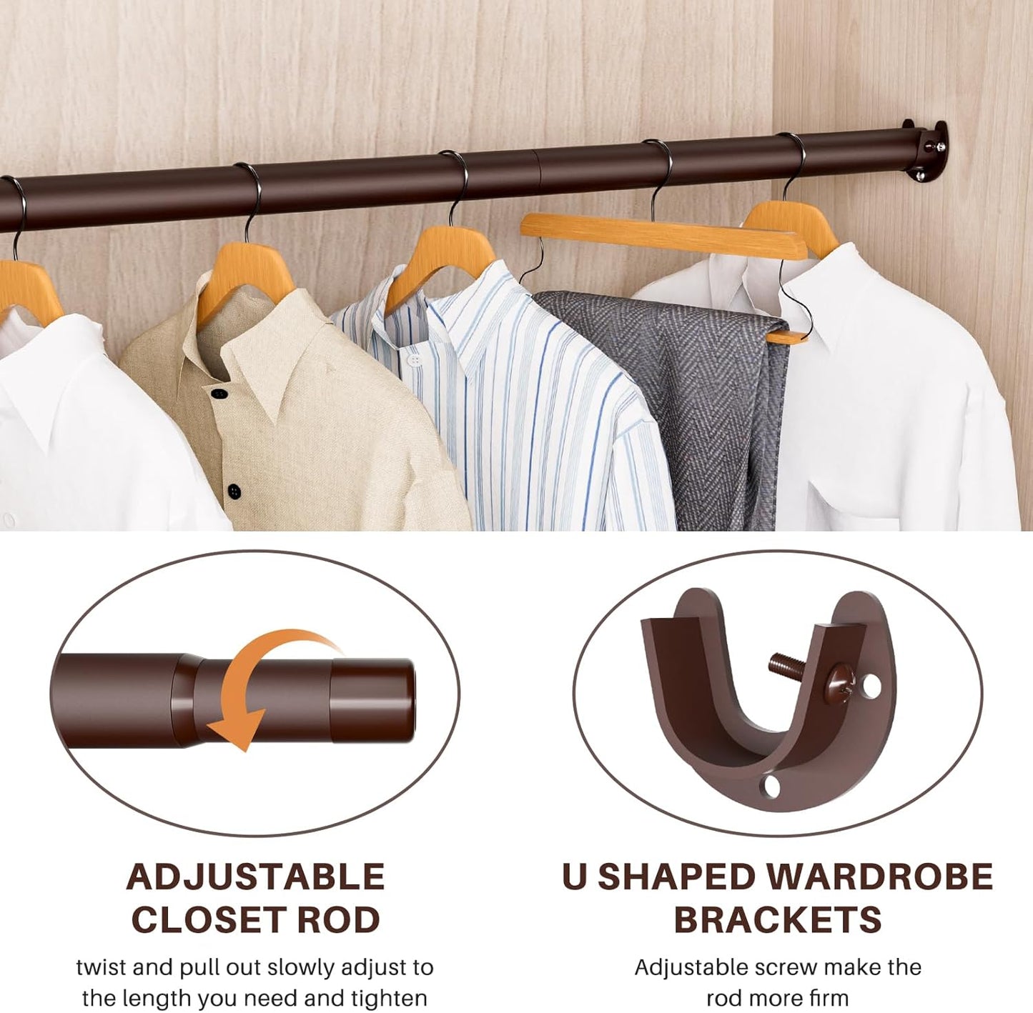 Closet Rod - Closet Rods for Hanging Clothes, 17 to 53 inch Adjustable Closet Hanging Rod, Heavy Duty Clothes Rod Clothing Bar, Closet Poles for Hanging Clothes for Wardrobes, Shower Curtain