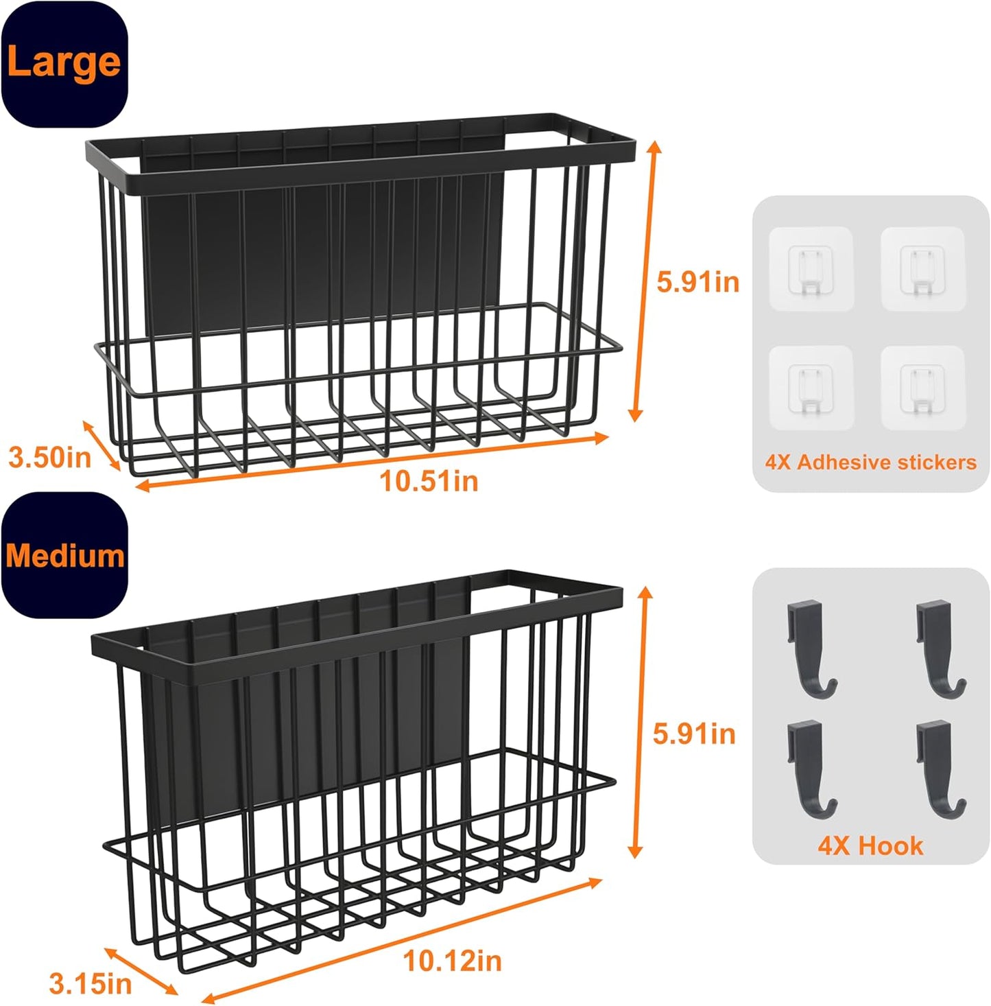 Magnetic Basket for Fridge, Magnetic Basket, Foil and Plastic Wrap Organizer with 4 Caddy Adhesive Stickers, Cabinet Door Organizer for Kitchen Wrap Food Bag Tin Foil Storage, Black, 2 Pack