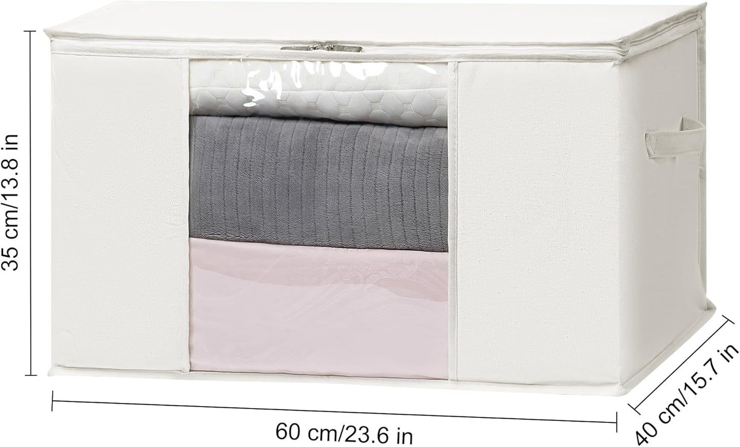 TYEERS Large Storage Bags with Zipper and Clear Window, Cotton Blended Fabric Storage Containers for Seasonal Clothes and Bedding, 23.6x15.7x13.8 Inches, 2-Pack, Beige