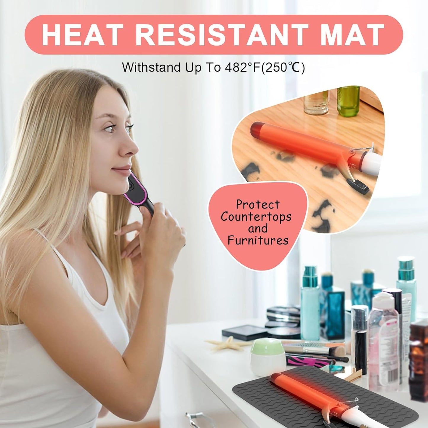Plus Size Silicone Heat Resistant Mat, Portable Travel Hot Tools Pad Cover for Curling Iron, Flat Iron, Hair Straightener and Other Hair Styling Tools(12.0" x 9.0")