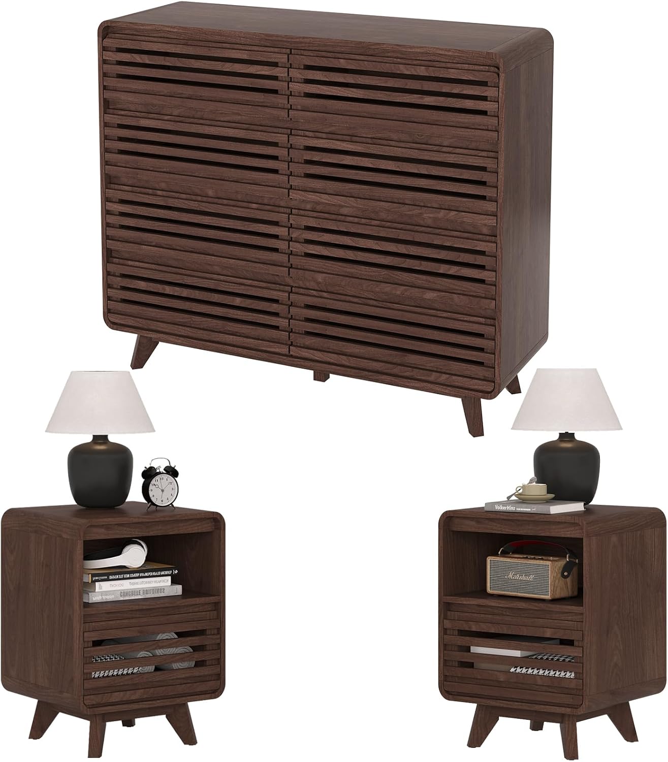 8 Drawer Dresser and Nightstand Sets for Bedroom, 3 Piece Bedroom Set, Wood 8 Drawer Dresser and Nightstand Set of 2, Fluted Chest of Drawers Wide Storage Organizer Cabinet Set, Dark Walnut