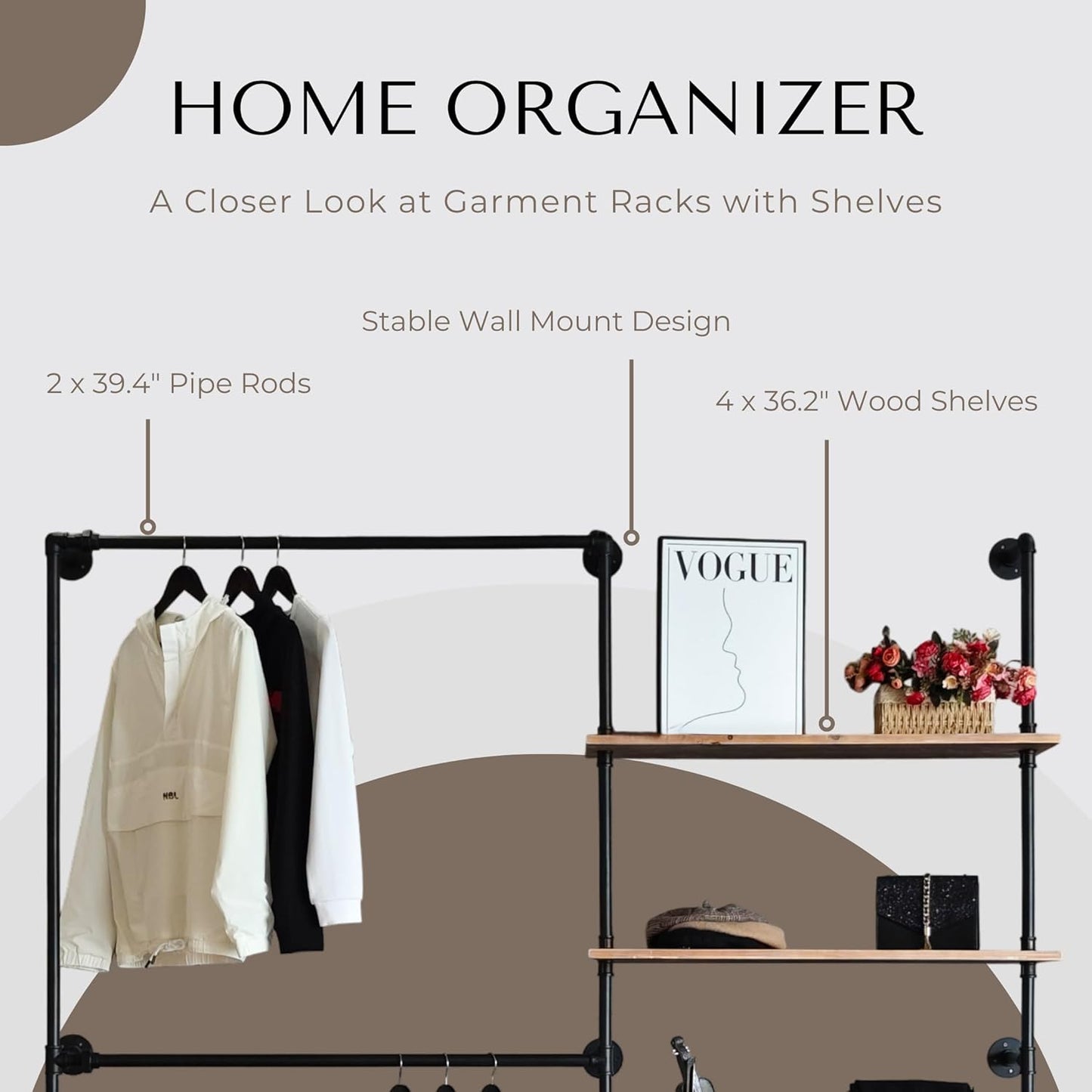 Industrial Pipe Clothing Rack, Wall Mounted Garment Black Wall Hanging Clothing Rack, Heavy Duty Clothes Rack for Walk in Closet Storage, Laundry Room, 14.6x76x82.7 Inches, Model Y02