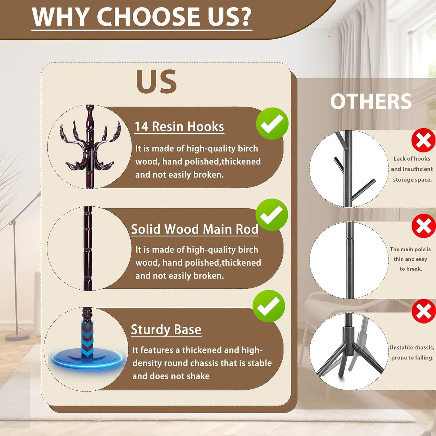 Solid Wooden Coat Rack Stand, Coat Racks Freestanding with 14 Hooks, Natural Birch Wood Coat stands with Sturdy Round Base, Tree Coat Hanger Standing for Entryway Bedroom Office (Chi Bang)