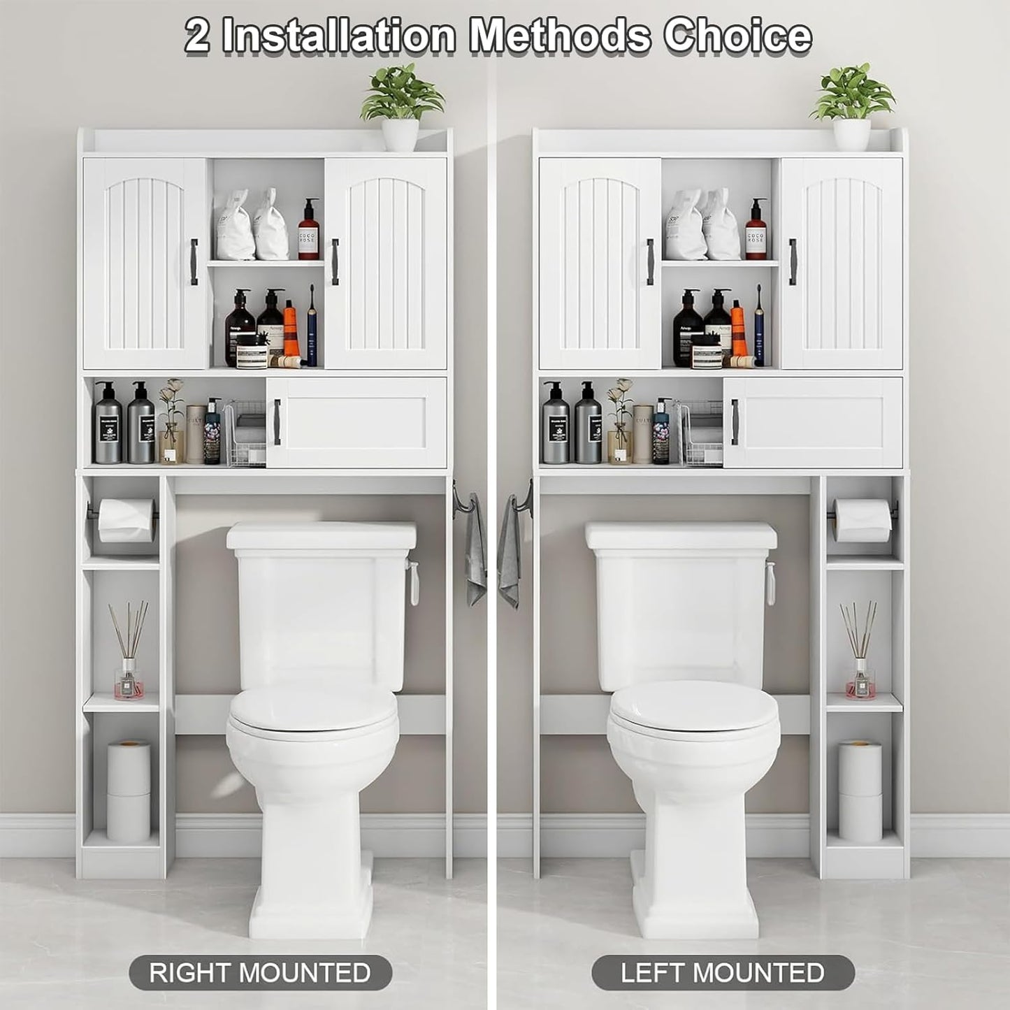 Vabches Farmhouse Over The Toilet Storage Cabinet with 2 Barn Doors & Sliding Door, Over The Toilet Bathroom Organizer with Open Storage Layer and Adjustable Shelves & Hooks.White
