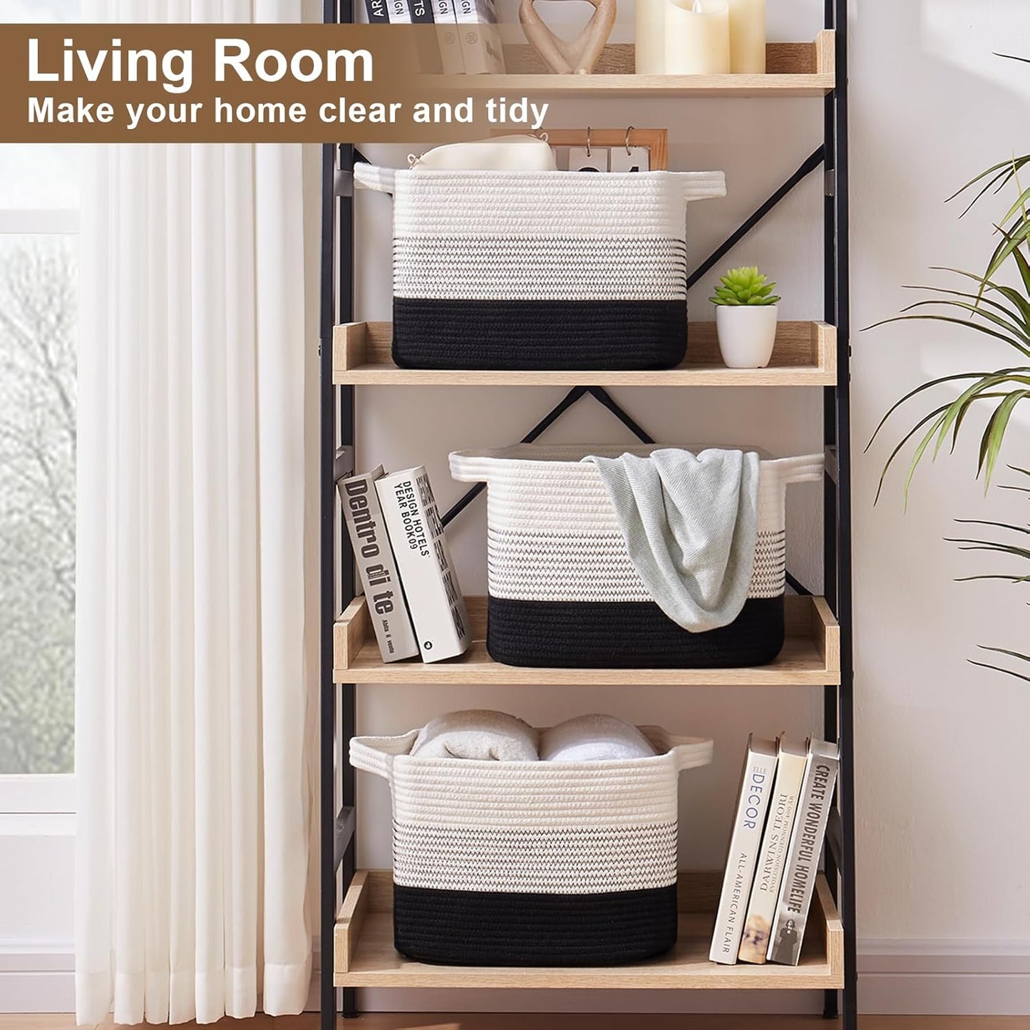 Storage Basket for Organizing, Woven Baskets for Storage, Rectangle Decorative Baskets for Shleves, Closet, Toys, Books, Nursery Organizer Bins - Pack of 3 (Gradient Black, 13"x9.85"x8.7")
