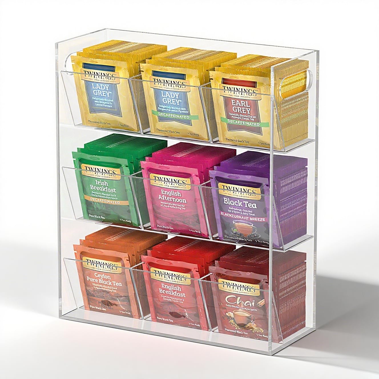 Jumyee Acrylic Tea Bag Organizer for Tea Packets, Clear Tea Bag Display Holder Tea Storage Organizer, Slanted 9 Compartments Sugar Coffee Tea Bag Storage Caddy for Cabinet Countertop, No Assembly