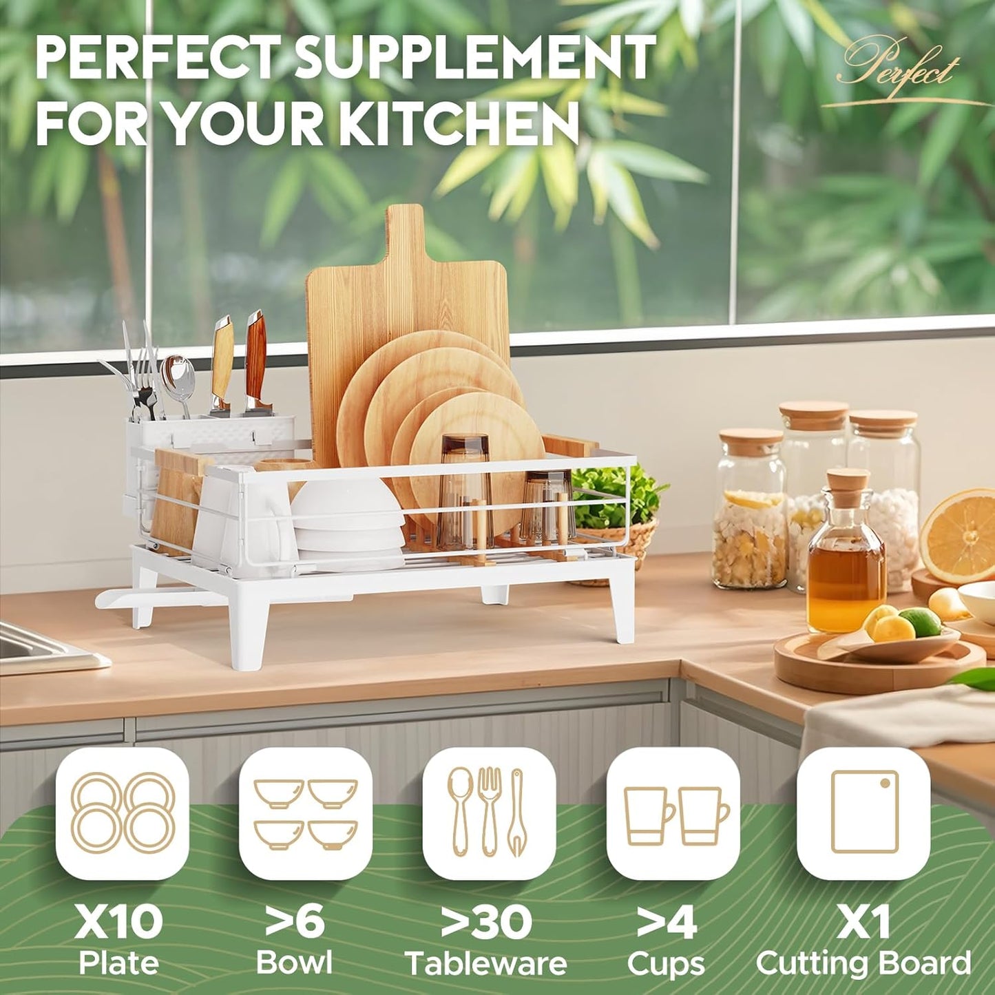 JYPS Dish Drying Rack for Kitchen Counter Decor with Drainboard Auto-Drain，Rustproof Dish Rack Drainers with Utensil Holder, Wooden Handles，360° Rotatable Drainer, Higher Legs (White)