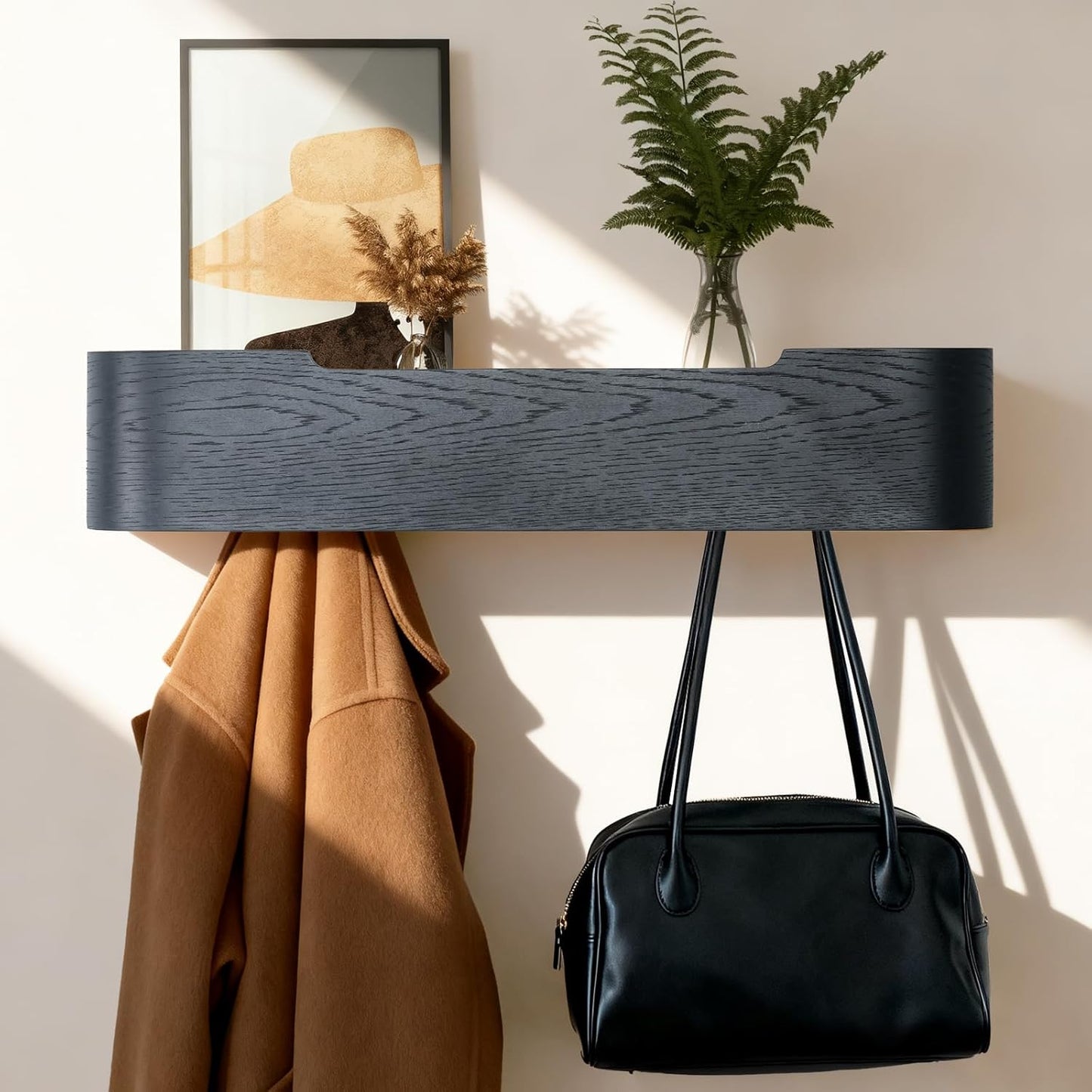 Wall Coat Rack Floating Shelves Modern Coat Rack Wall Mount with Storage Entryway Shelf Wooden Hanger 20 Inch 4 Hidden Metal Hooks for Living Room Bedroom (Black, 5 Hooks)