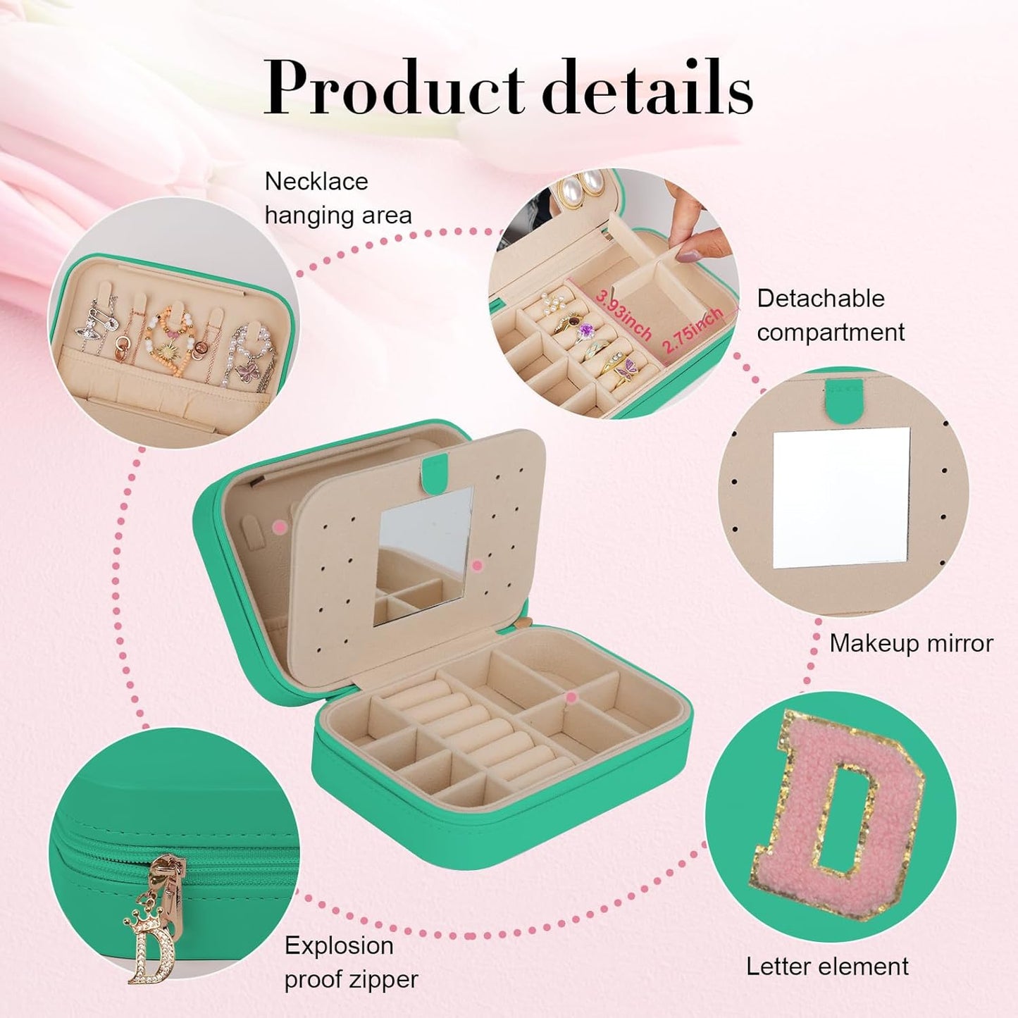 TopPerfekt Travel Jewelry Case, Jewelry Box with Mirror, Jewelry Organizer Bridal Shower Gifts to Her, Earring Storage Travel Case, Trendy Gift for Women and Girls, Girlfriend-Letter D, Green