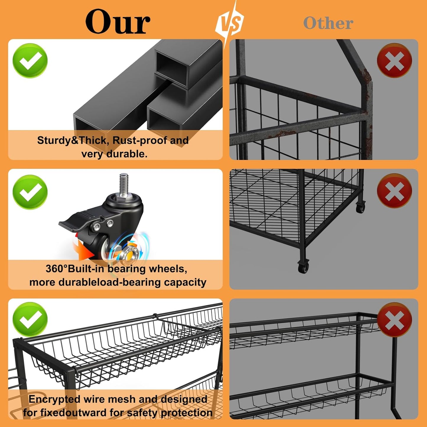 Sports Equipment Organizer, Garage Ball Storage Racks - Outdoor Toy Storage with 2 Side Racks & Removable Baskets, Heavy-Duty Garage Rolling Ball Cart with Wheels, Hooks for Sports Gear, Toys