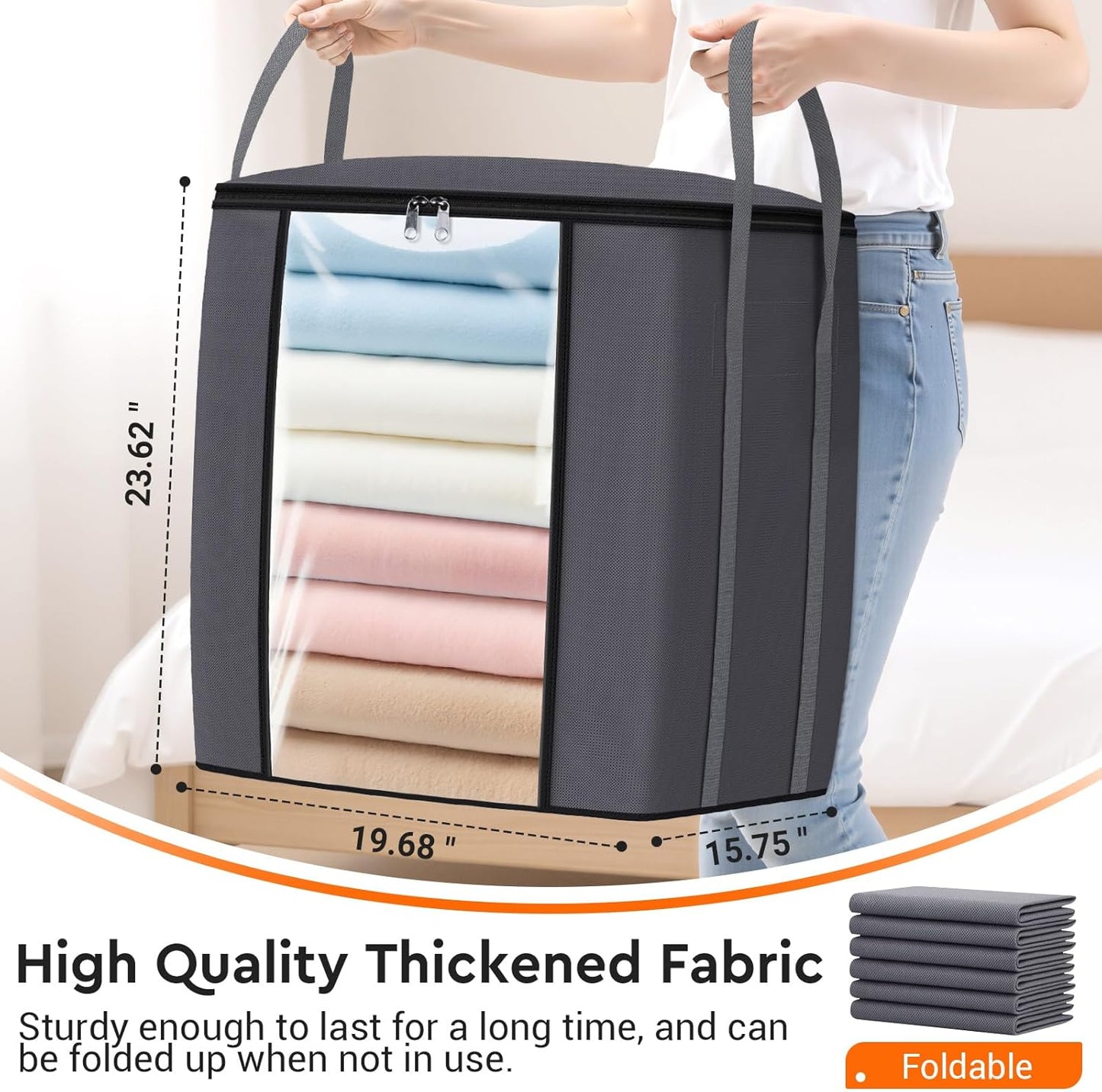 120L Extra Large Clothes Storage Bags, Foldable Blanket Storage and Organization, Thick Fabric Containers with Reinforced Handles & Zippers for Clothing, Comforters, Bedding, Gray, 4 Pack