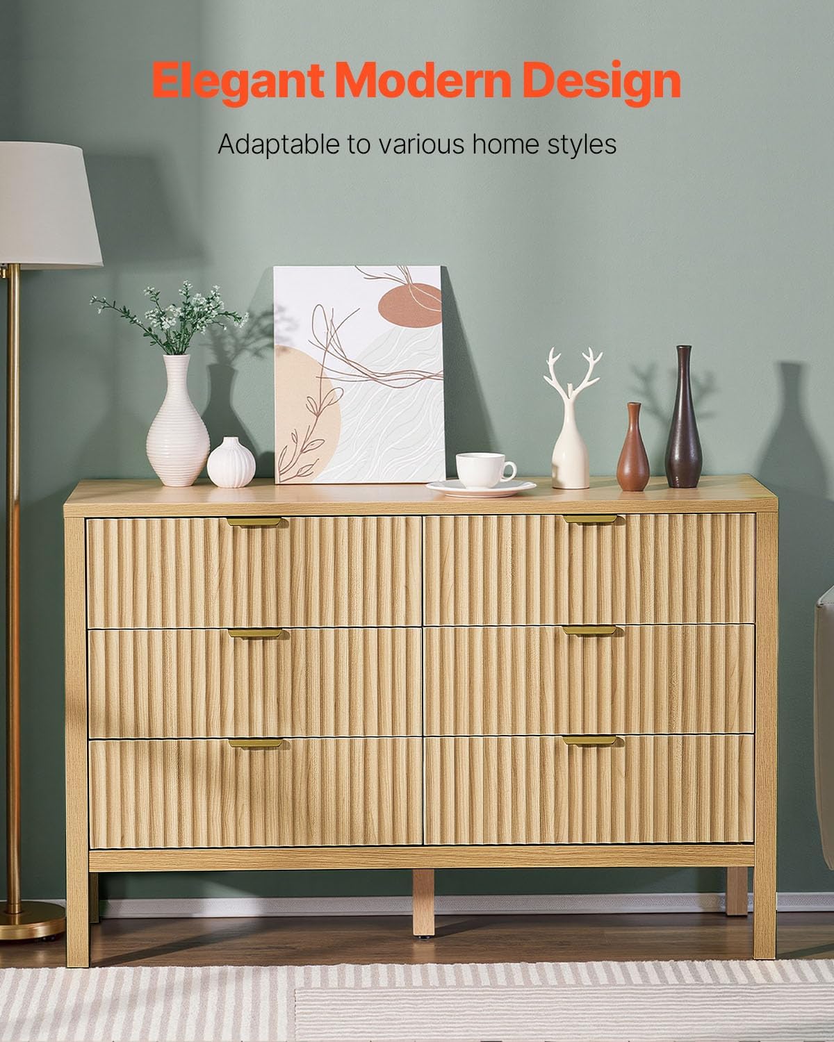VEVOR Fluted Dresser with 6 Drawer, 47" Wide Chest of Drawers with Golden Metal Handle, Modern Closet Dresser TV Stand, Boho Wood Storage Organizer for Bedroom, Living Room, Hallway, Entryway, Natural