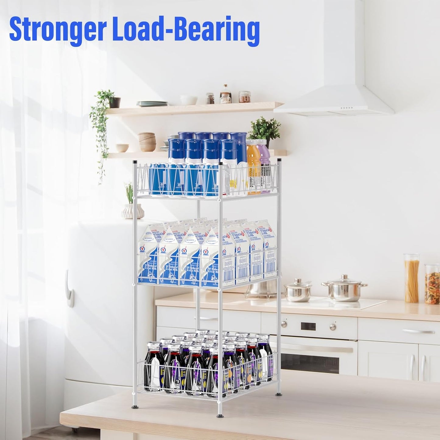 Water Bottle Organizer 3 Tier Vertical Bottled Water Holder Freestanding Metal Drink Storage Shelf Beverage Can Rack, Kitchen Pantry Tumbler Cup Organizer for Floor, Silver